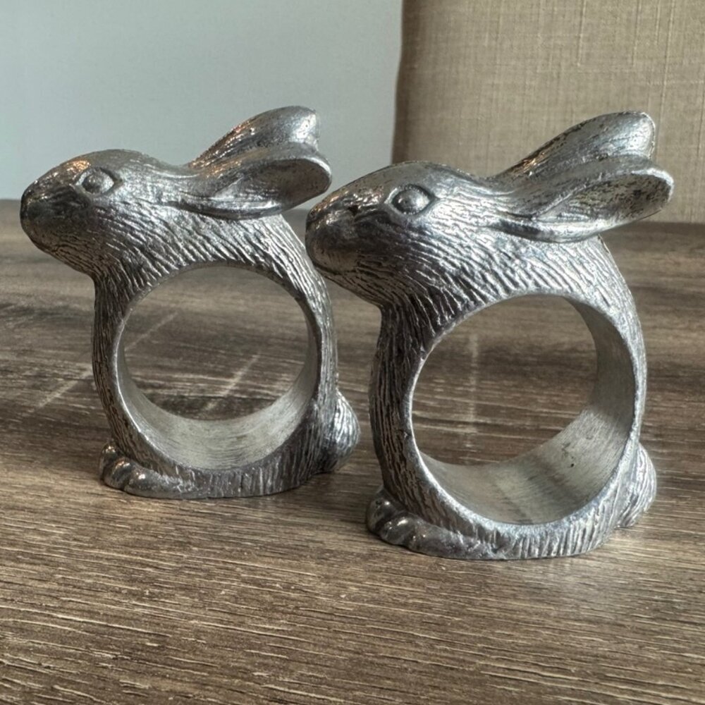 Set of 2 Bunny Rabbit Silver Tone Napkin Ring Holder